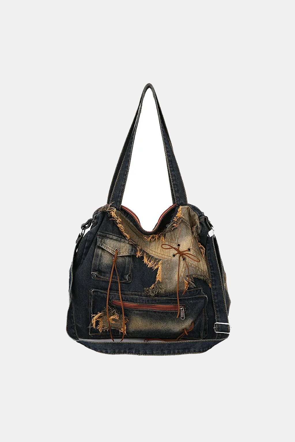 Washed Denim Tote Bag - distressed denim tote with metallic patch, front view