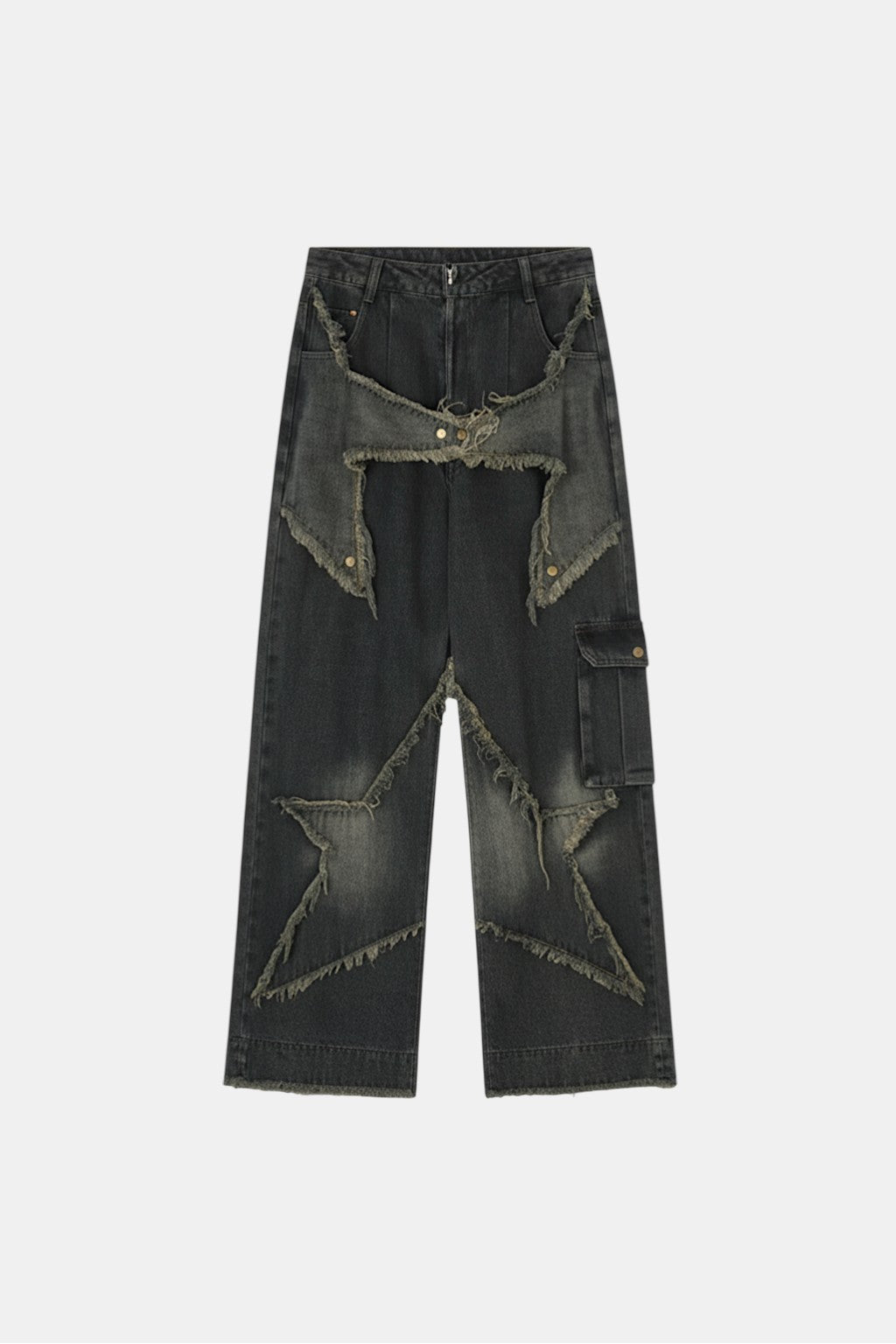 Washed Star Cargo Jeans - black weathered jeans with star patches and cargo pocket, front view