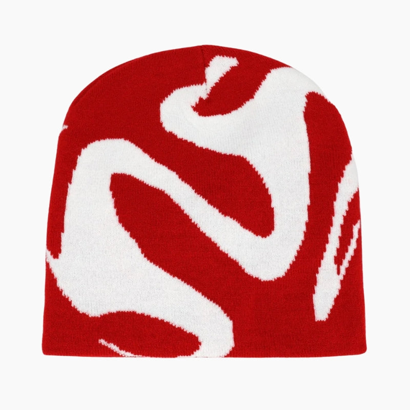 Waveform Beanie - red beanie with abstract swirl graphic, front view