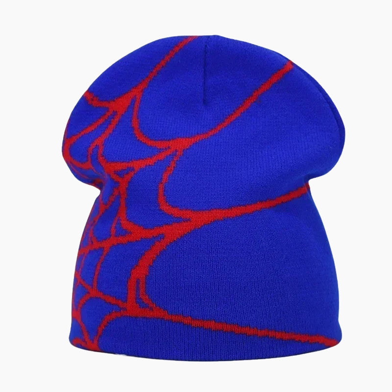 Webcore Beanie - blue beanie with red web linework graphic, front view