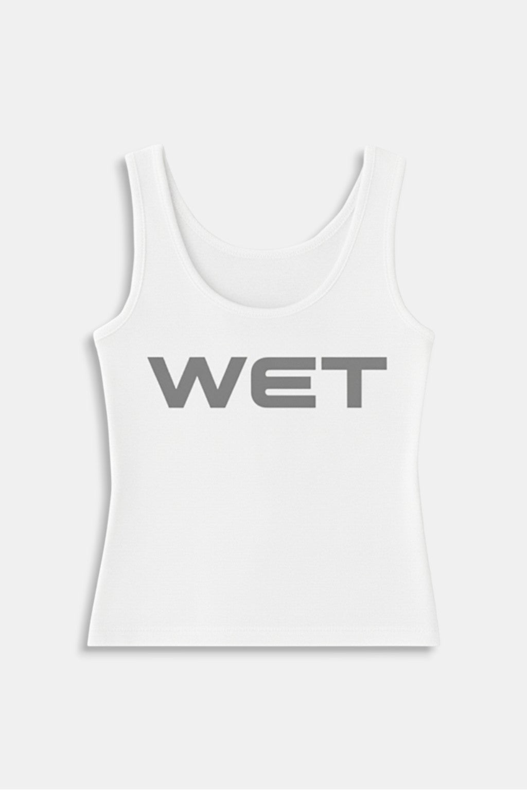 Wet Crop Top - white tank top with bold grey Wet wordmark graphic, front view