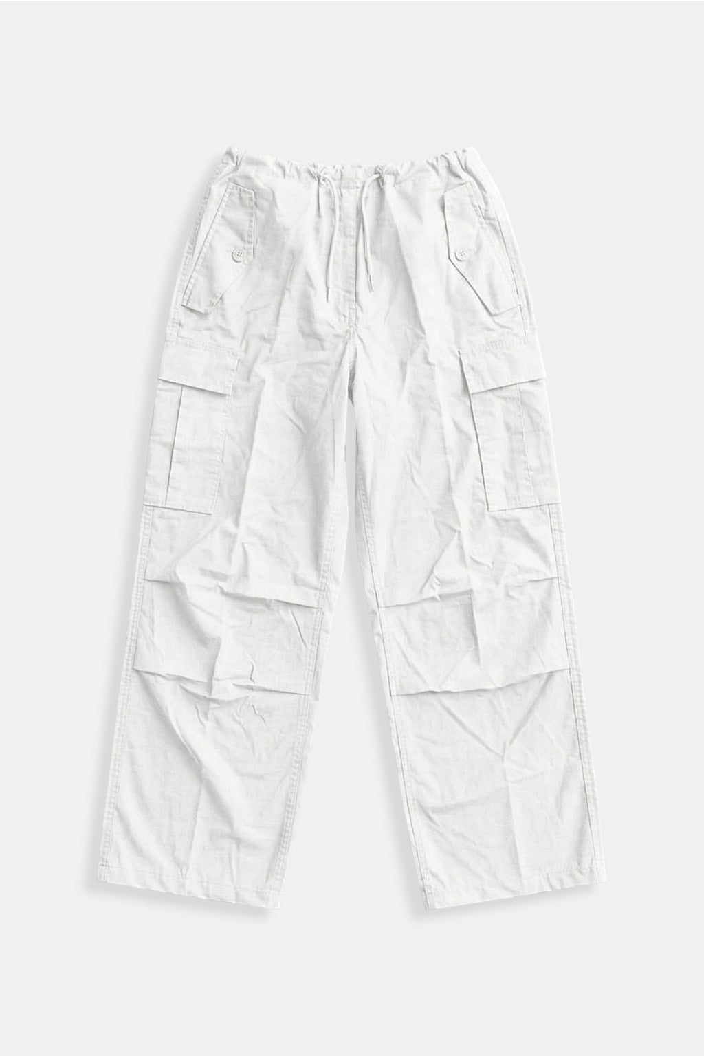 White Parachute Cargo Pants - white parachute style cargo pants with drawcord cuffs, front view