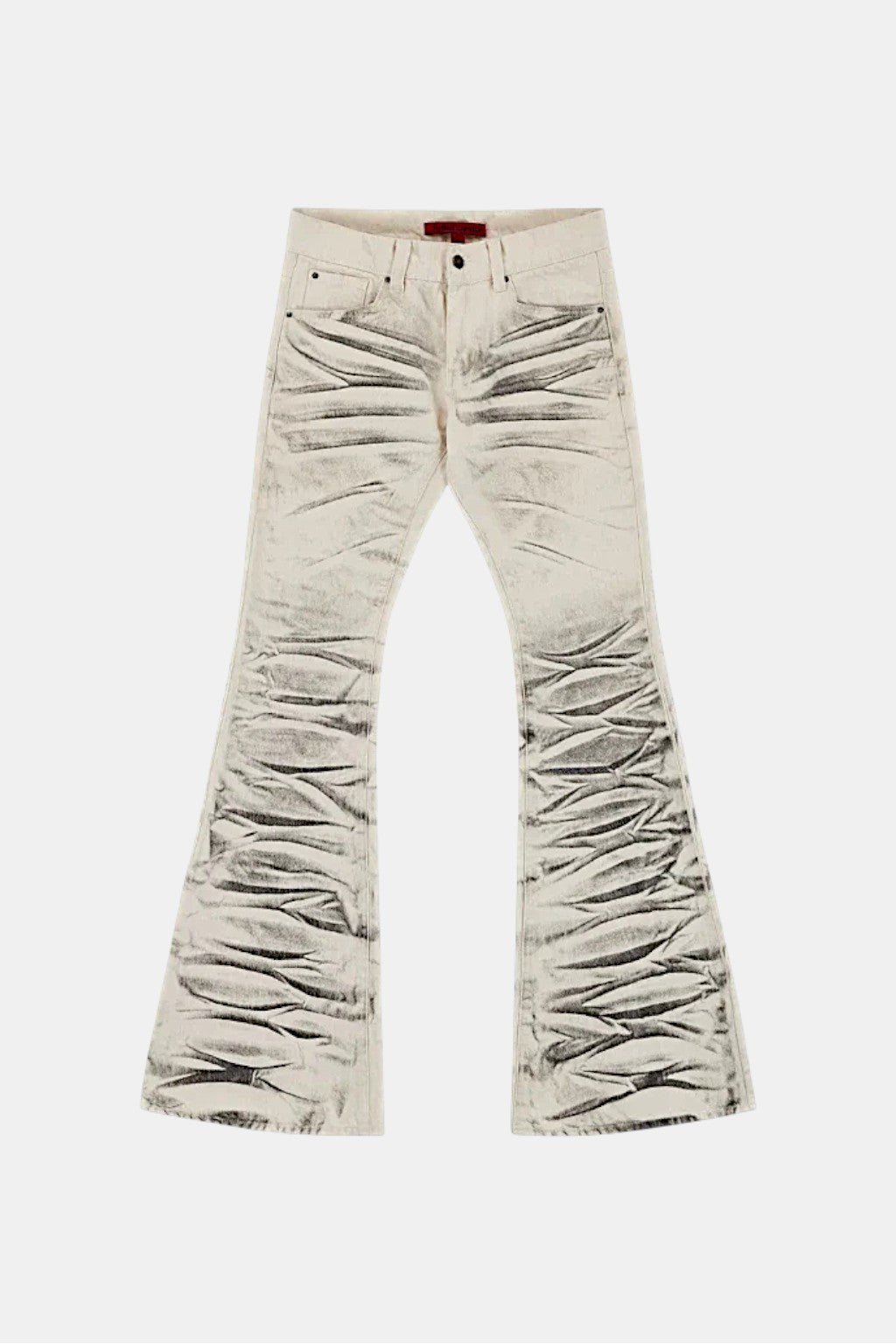 White Stacked Jeans - white flared stacked denim jeans with rippled texture, front view