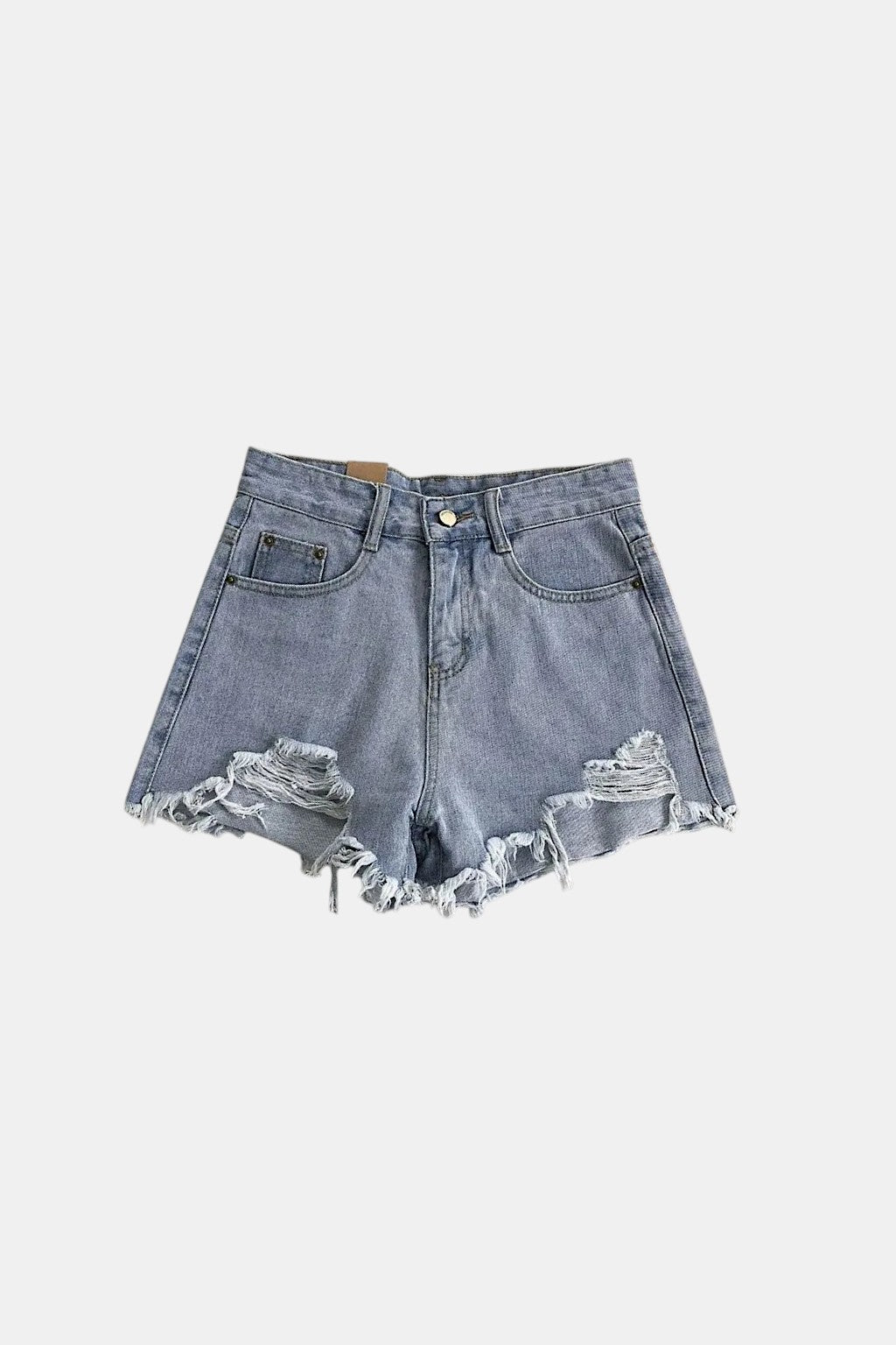 Women's Ripped Shorts - light wash denim shorts with frayed hem, front view