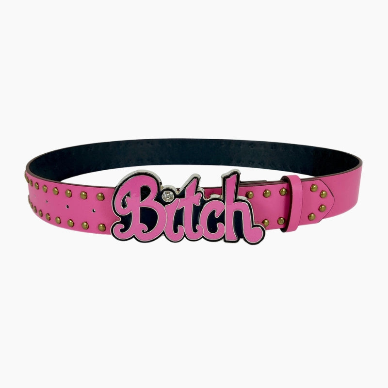 Y2K Belt Bitch Mode - pink belt with bold wordmark buckle, front view