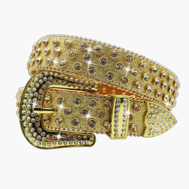 Y2K Belt Crystal Core - gold tone belt with dense rhinestone coverage, front view