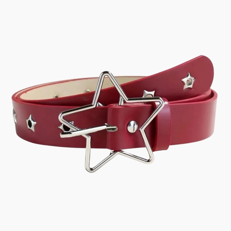Y2K Belt Starline - burgundy belt with silver star buckle, front view