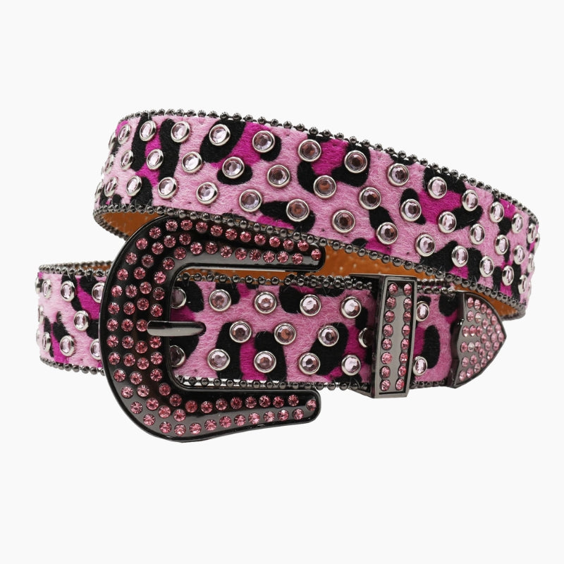 Y2K Belt Wild Bling - pink cheetah print belt with rhinestone buckle, front view
