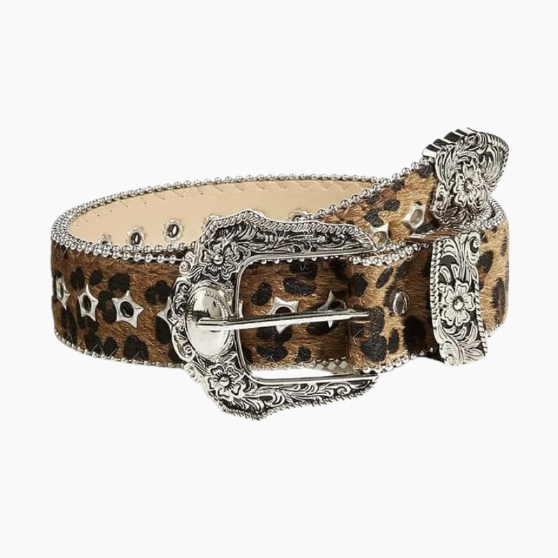 Y2K Belt Wild Icon - leopard calf hair belt with engraved western buckle, front view