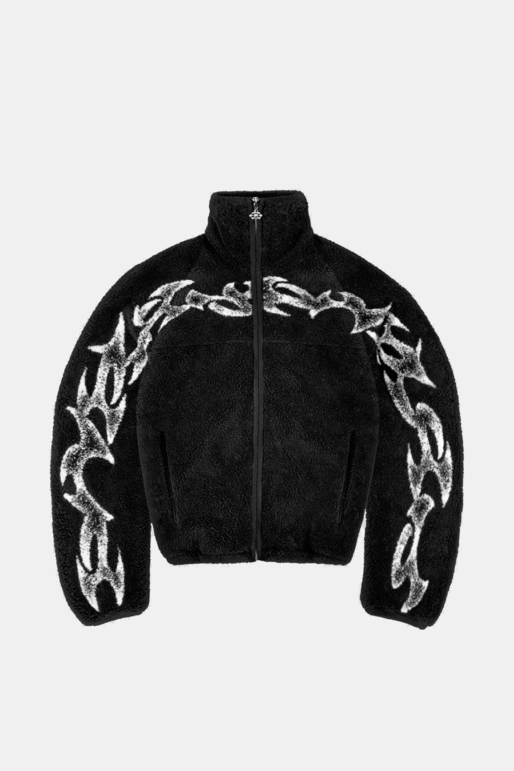 Y2K Fleece - black cropped sherpa fleece jacket with barbed wire embroidered trim, front view