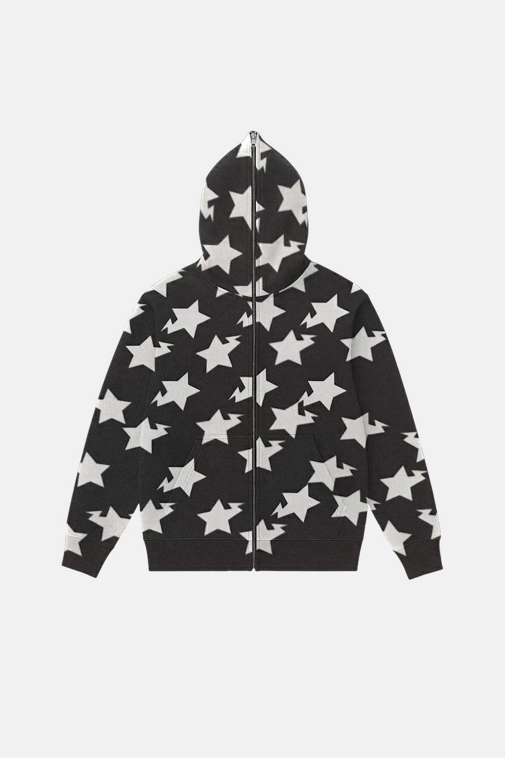 Y2K Full Zip Vest - black sleeveless hooded vest with all-over star print, front view