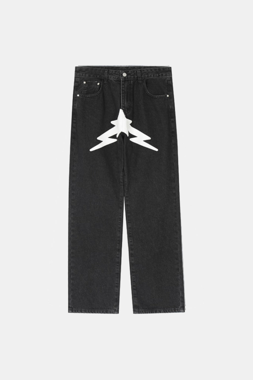 Y2K Print Jeans - black jeans with fractured star graphic on one leg, front view