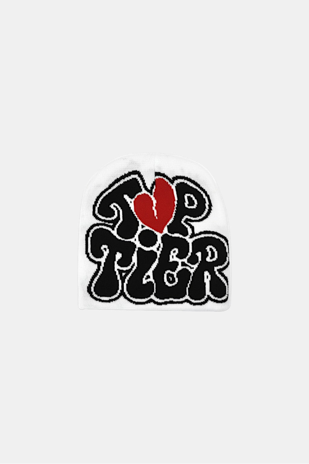 Y2K Printed Beanie - beanie with bold wordmark and broken heart graphic, front view