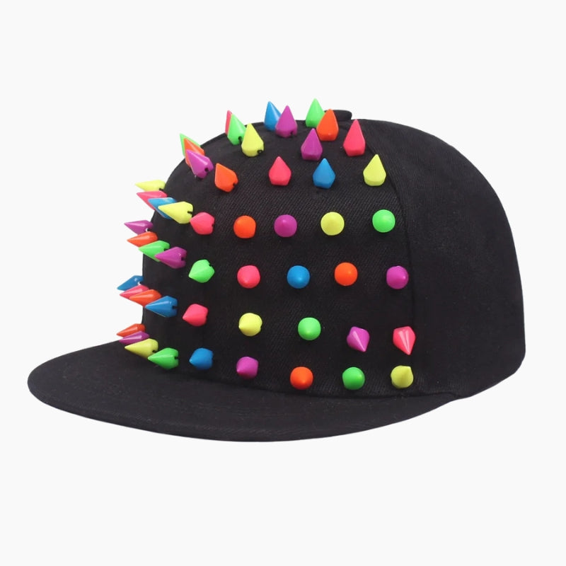 Y2K Studded Cap - black cap with rainbow spike stud brim detail, front view