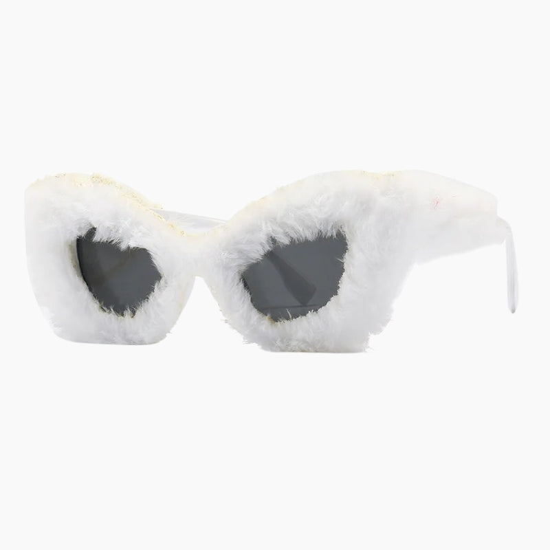 Y2K Sunglasses - white cat eye sunglasses with fur trim, front view