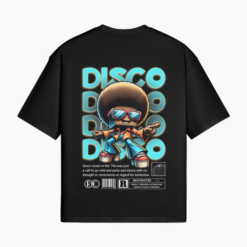 Y2K T-Shirt Boogie Night - black boxy tee with stacked Disco graphic and character, worn view