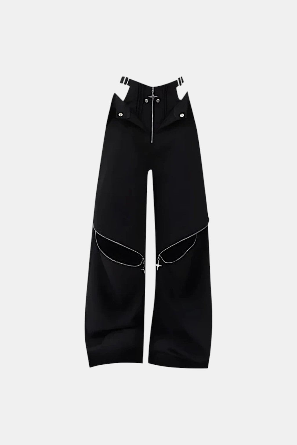 Zip Baggy Pants - black wide leg pants with buckled knee harness detail, front view